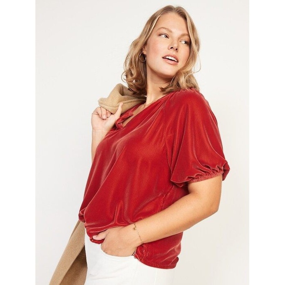 Old Navy -1670 Elbow Sleeve Split-neck Velvet‎ Swing Top Cherry Fizz Red Small